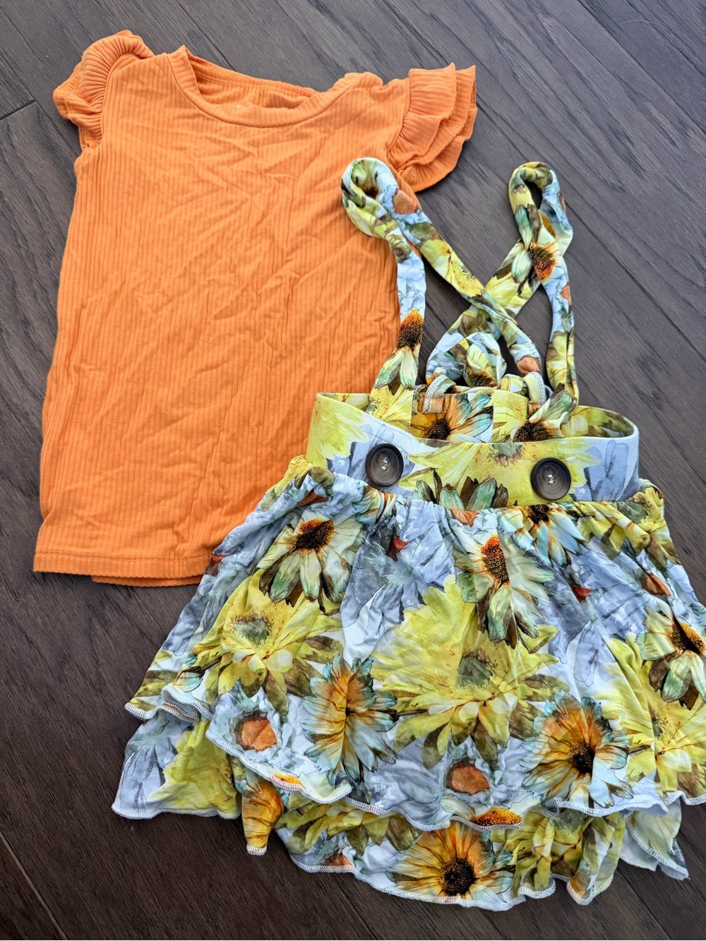 Little bum bums bamboo Ribbed ruffle Top with Sunflower Print overall Skirt Set